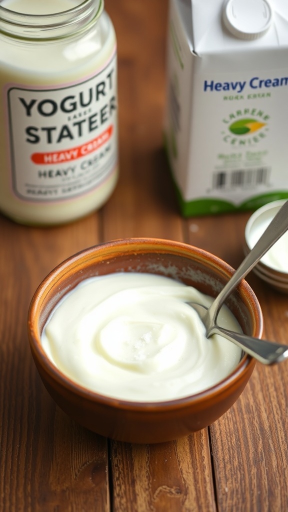 Creamy carnivore yogurt in a rustic bowl, garnished with salt, on a wooden table.